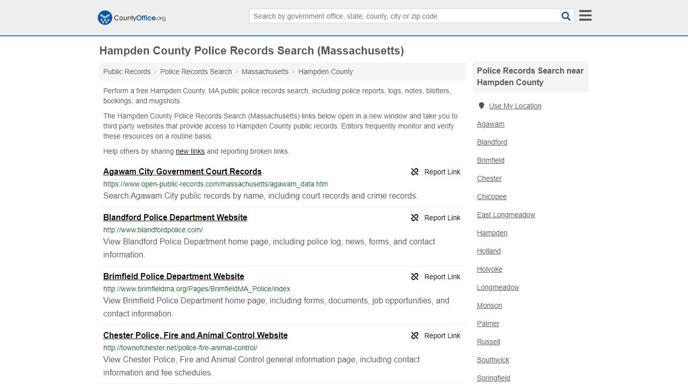 Hampden County Police Records Search (Massachusetts) - County Office